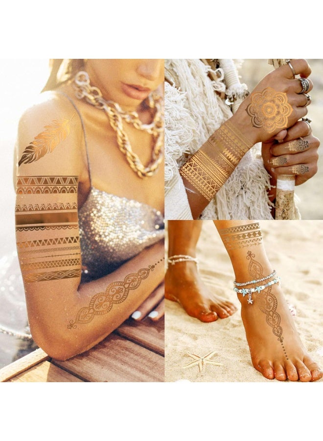 9 أوراق 110+ تصميمات وشم مؤقت ذهبي لامع للنساء والفتيات البالغات وشم لامع على شكل أسد ذهبي وشمس وقمر ونجمة وفراشة - Image 3