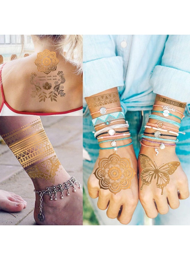 9 أوراق 110+ تصميمات وشم مؤقت ذهبي لامع للنساء والفتيات البالغات وشم لامع على شكل أسد ذهبي وشمس وقمر ونجمة وفراشة - Image 5