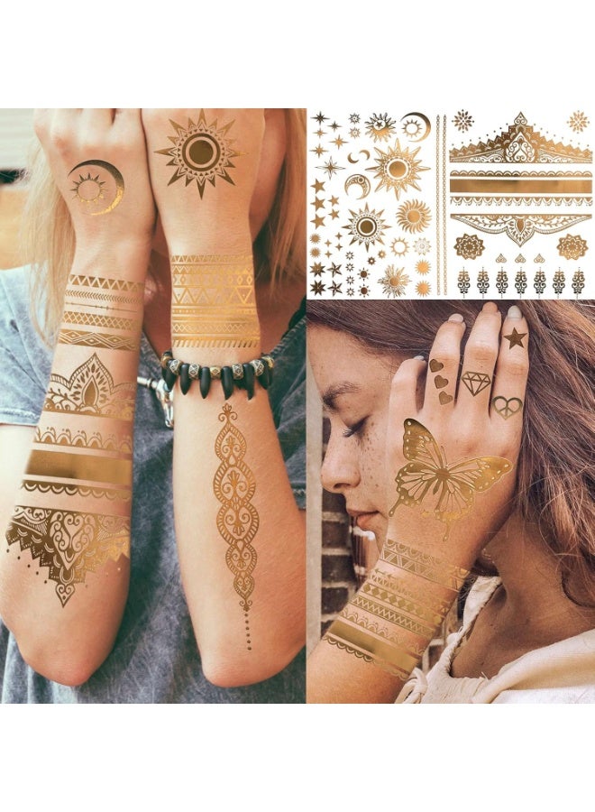 9 أوراق 110+ تصميمات وشم مؤقت ذهبي لامع للنساء والفتيات البالغات وشم لامع على شكل أسد ذهبي وشمس وقمر ونجمة وفراشة - Image 4
