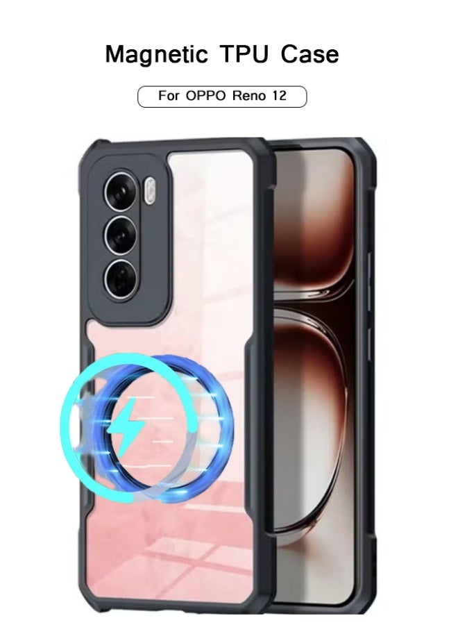 Magnetic Case for OPPO Reno 12 5G [Compatible with Magsafe] Ultra-Thin Cover Soft TPU Bumper + Acrylic Clear Back Airbags Shookproof Drop - Image 1
