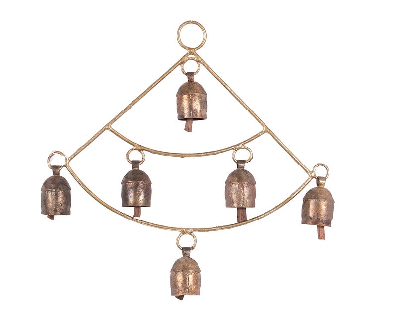 Ethnics of Kutch Ethnics of Kutch Hand Made Metal Bells Wrought Iron CopperZinc Coated Home Dcor Chimes Cow Bell Fan 6 Bells 29 cms Length Colour Copper BEL0053 - Image 1