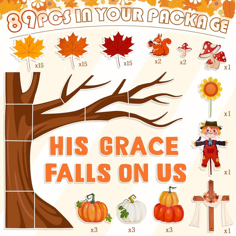 Konsait 89PCS His Grace Falls on Us Christian Bulletin Board Sets Big Tree Pumpkins Religious Bulletin Board Decorations Christian Bulletin Board for Church Sunday School Classroom Office - Image 2