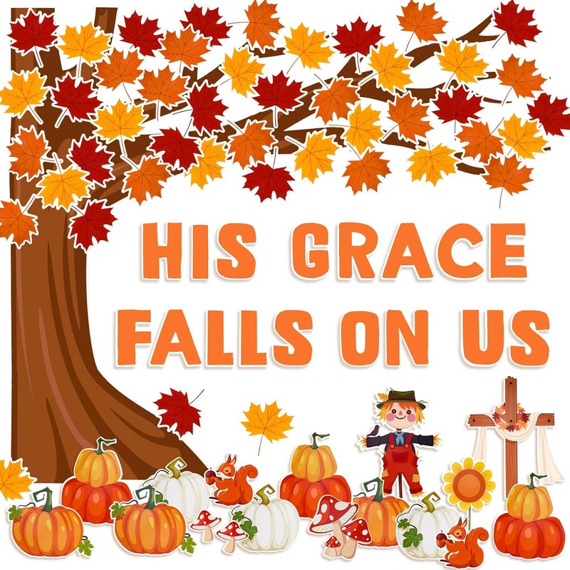 Konsait 89PCS His Grace Falls on Us Christian Bulletin Board Sets Big Tree Pumpkins Religious Bulletin Board Decorations Christian Bulletin Board for Church Sunday School Classroom Office - Image 1