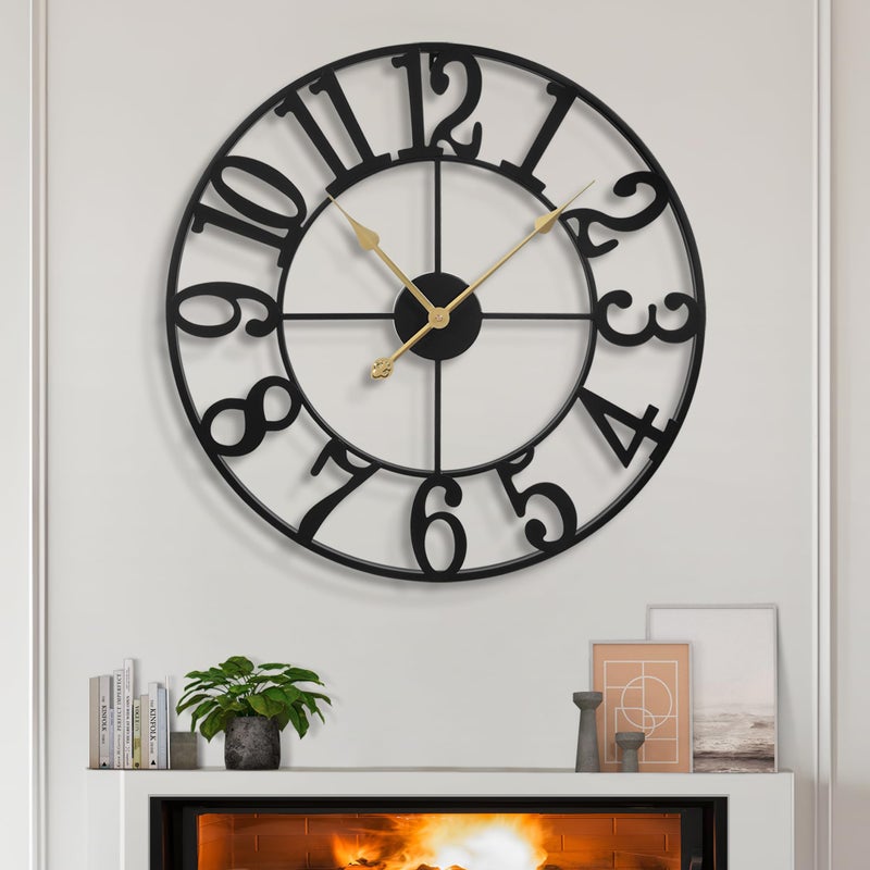 LEIKE Large Wall ClocksSilentNon TickingBattery Operated Rustic Round Modern Big Metal Wall Clock for Living Room BedroomKitchenFarmhouseOfficeHome Decor16 InchBlackArabic Number