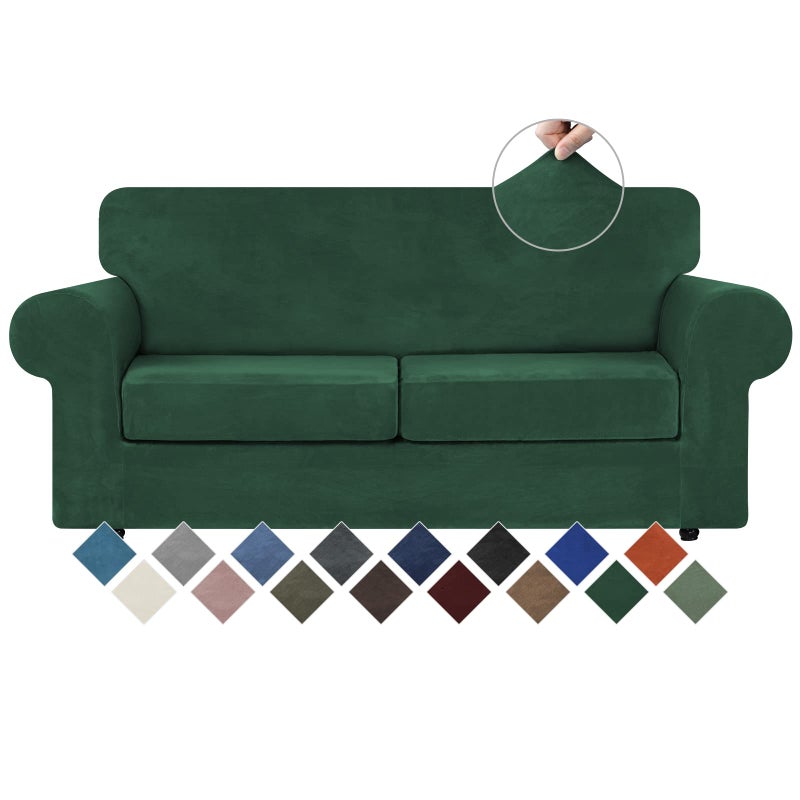 WEERRW Velvet Couch Covers for 2 Cushion Couch Sofa High Stretch Velvet Plush 3 Pieces Sofa Slipcovers with Elastic Bottom Furniture Protector for Pets Machine Washable Emerald Green Medium