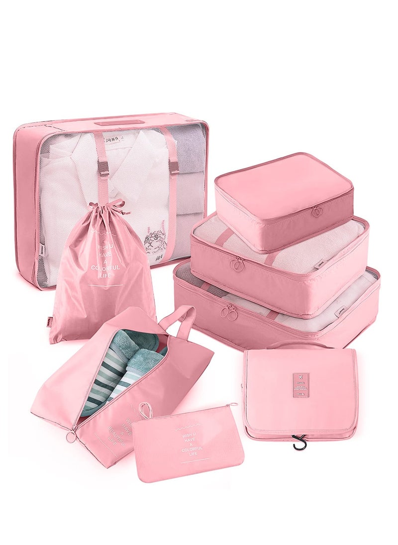 Generic 8-Piece Travel Packing Cubes Set with Toiletry and Shoe Bags, Made from Durable Waterproof Fabric for Organized Travel Accessories (Pink)  - Image 1