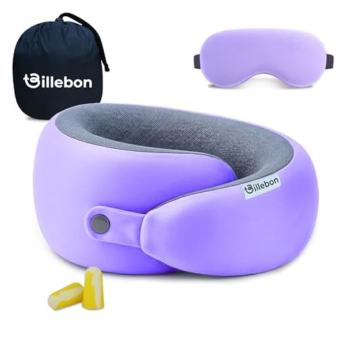 Billebon Ultrasoft Memory Foam Neck Pillow for Travel, Lightweight Comfortable & Breathable Cover, Airplane Travel Pillow Combo with Premium Eye Mask and Carry Bag. (Lavender) - Image 1