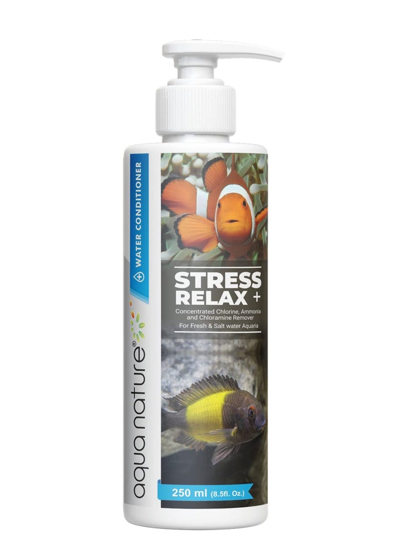 aqua nature AquaNature Stress Relax Water Conditioner Concentrated Chlorine Ammonia and Chloramine Remover with Power of Aloe Vera for Marine and Freshwater Aquarium 250ml 8 5oz - Image 1