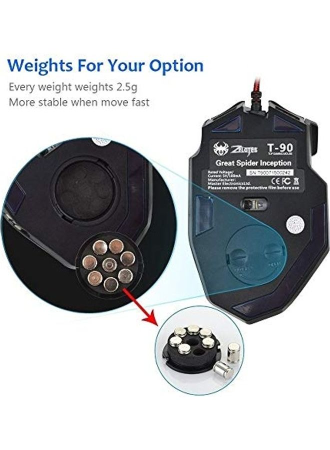 ZELOTES ماوس الألعاب السلكي المحترف Zelotes T90 بدقة 9200 DPI، 8 أزرار، مع 7 أوضاع من أضواء LED الملونة المتنفسة، مجموعة ضبط الوزن (أسود) - Image 3