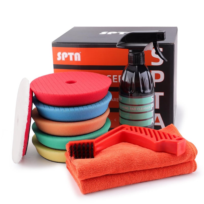 SPTA 10 Pcs Detailing Set, 5Pc 5 inch Buffing Polishing Pads, 1 Microfiber Finish Pad, 1-16 oz Polishing Cleaner, 1 Conditioning Brush, 2-16"*16" Microfiber Towel. for Dual Action and Rotary Polishers - Image 1