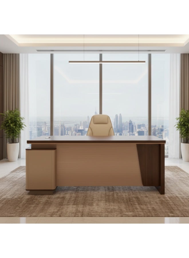 KUSTOMDECO مكتب تنفيذي فاخر على شكل L مع تخزين بتصميم خشبي حديث، بيج وجوز | طاولة CEO مميزة للمنازل والمكاتب الشركات | كستم ديكو الإمارات - Image 1