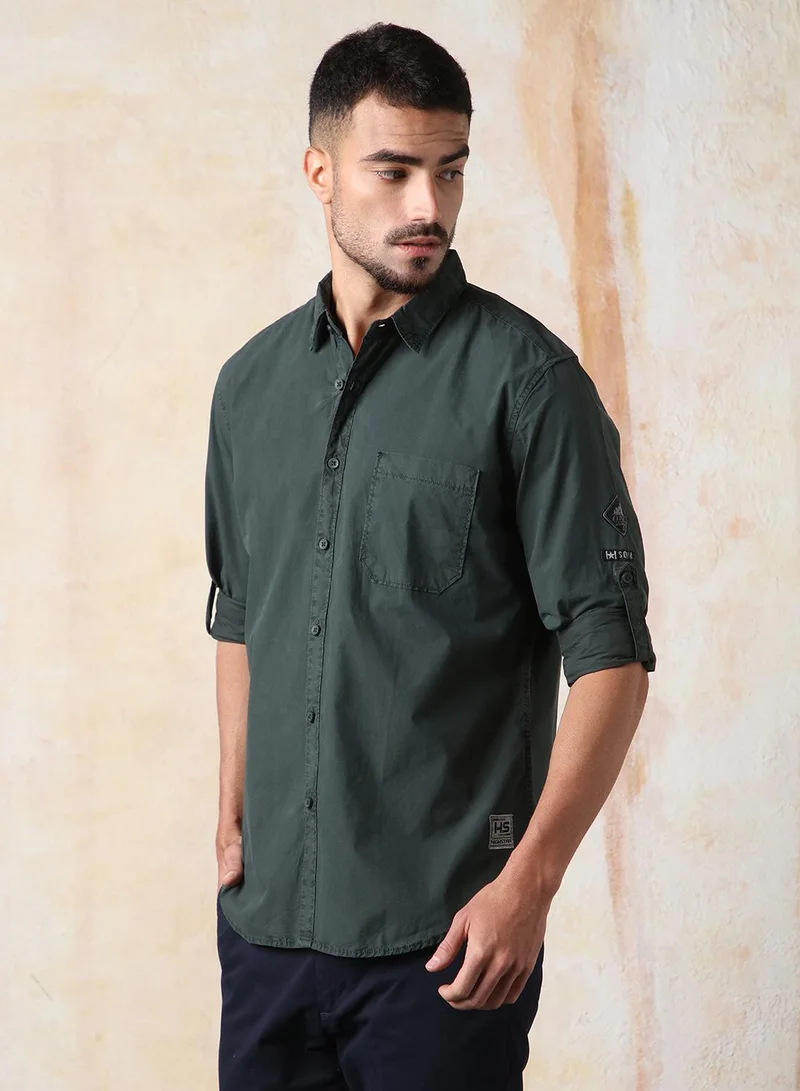 HIGH STAR Men Regular Fit Utility Heavy Washed Spread Collar Solid Cotton Casual Shirt