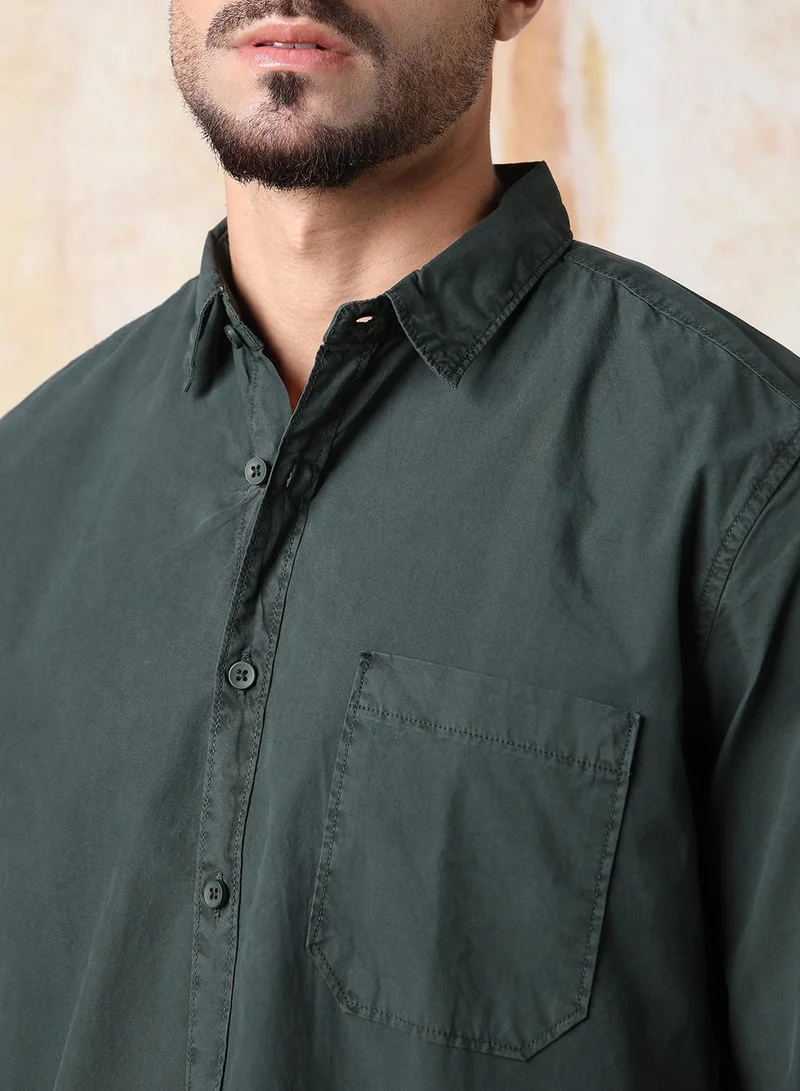 HIGH STAR Men Regular Fit Utility Heavy Washed Spread Collar Solid Cotton Casual Shirt
