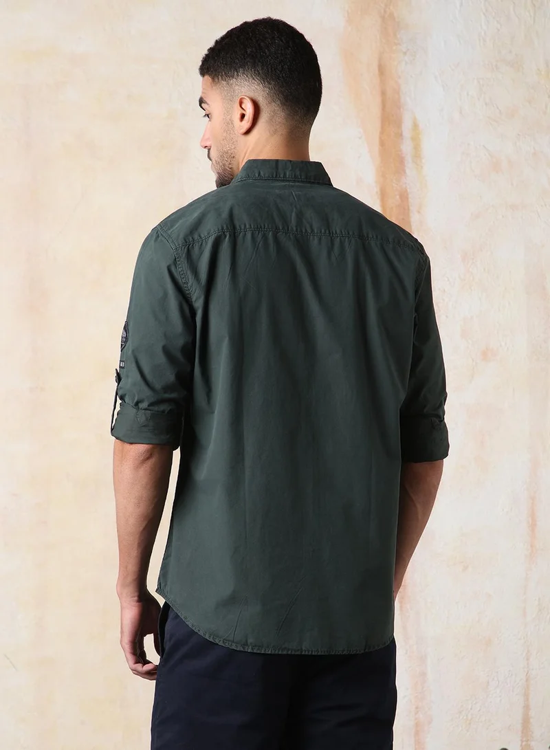 HIGH STAR Men Regular Fit Utility Heavy Washed Spread Collar Solid Cotton Casual Shirt