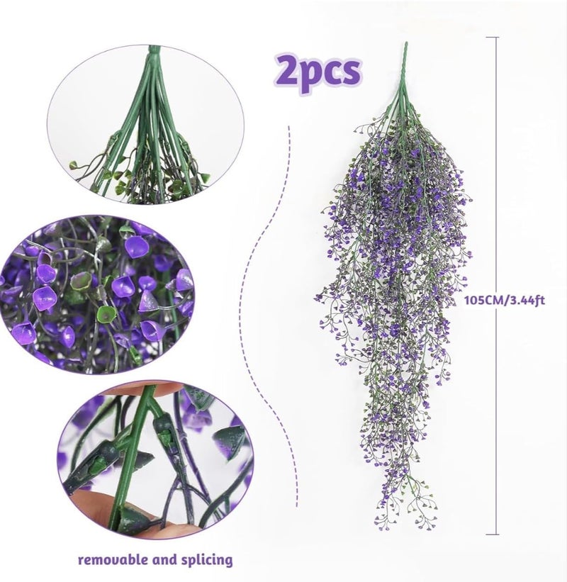 VRB Dec 2 Pcs Artificial Dry Baby's Breath Greenery Hanging Plants Vines Fake Ivy Hanging Flowers Vine Wall Hanging for Home Decor,Wall,Balcony Decoration. (2, Violet Baby's Breath Fern Hanging) - Image 2