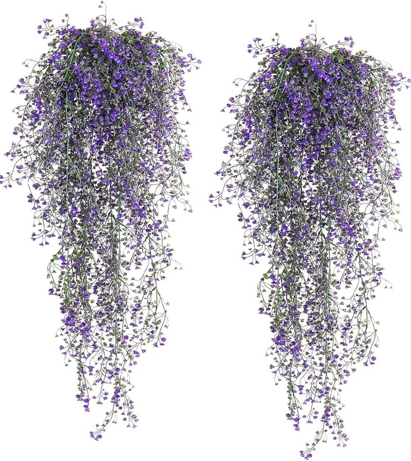 VRB Dec 2 Pcs Artificial Dry Baby's Breath Greenery Hanging Plants Vines Fake Ivy Hanging Flowers Vine Wall Hanging for Home Decor,Wall,Balcony Decoration. (2, Violet Baby's Breath Fern Hanging) - Image 1