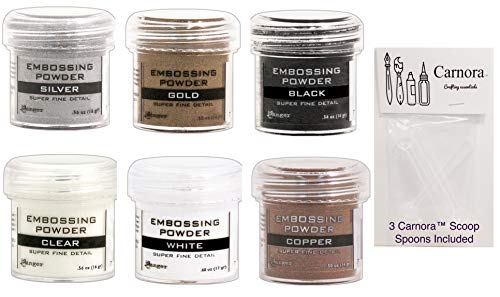 Ranger Fine Super Embossing Powder, White, Silver, Black, Copper, Clear and Gold, Bundle of 6 1/2 Ounce Jars Plus 3 Carnora Scoop Spoons - Image 4