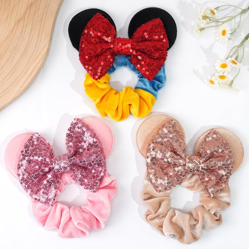CellElection 6 Pack Mouse Ears Scrunchies Velvet Sparkle Sequin Mouse Bows Hair Scrunchies Hair Ties Elastic Rubber Bands Ponytail Holders for Kids Women Girls Christmas Party Decoration - Image 3