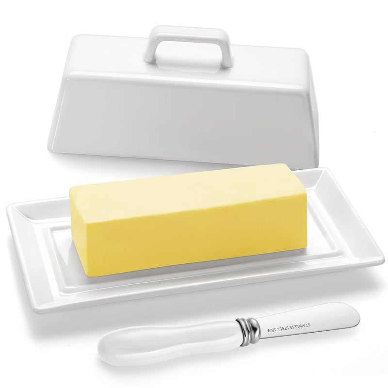 Yedio Porcelain Butter Dish with Lid and Knife for Countertop RefrigeratorWhite Ceramic Covered Butter Holder with Handle for East West Coast Butter Stick Dishwasher Safe