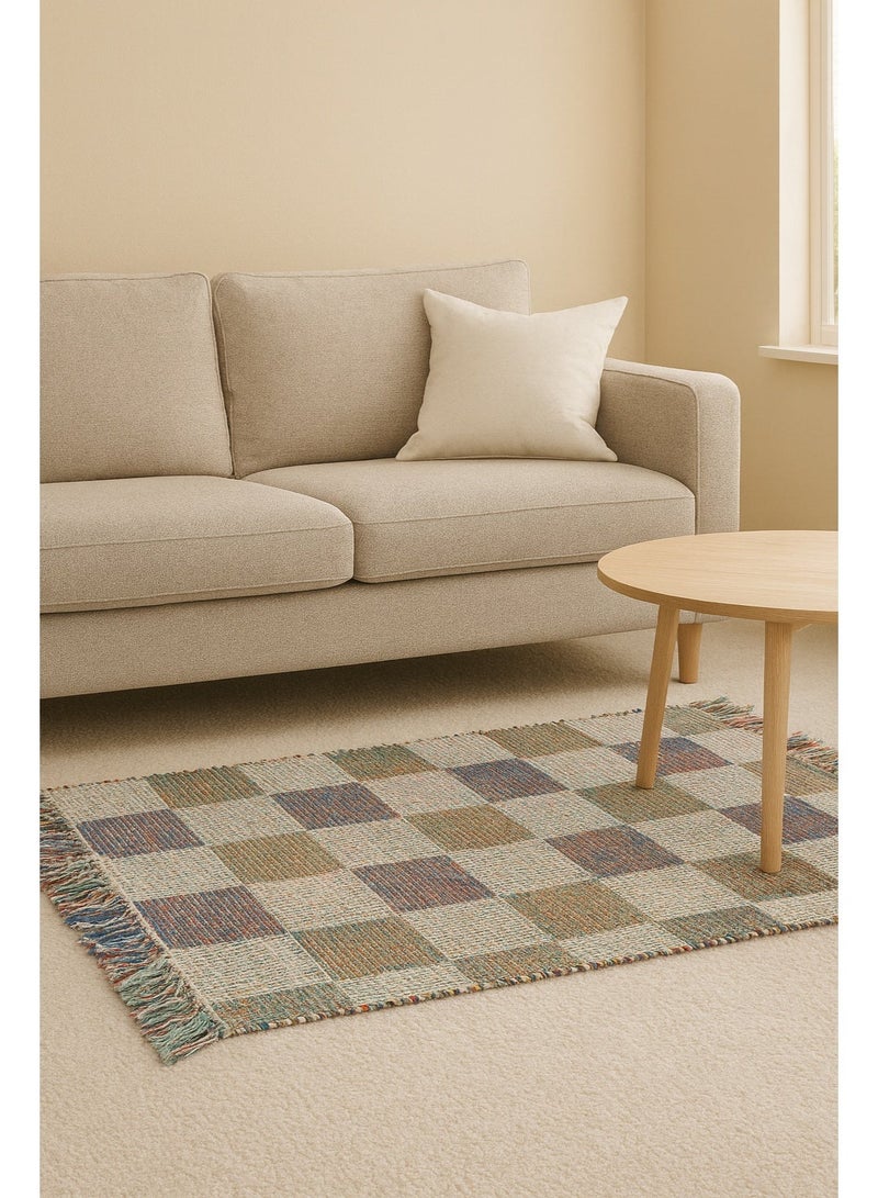 Handmade Indian rug, 100% cotton – colorful checkered design - Image 1