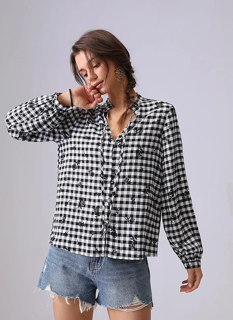 يونيكي Black & White Slim Collar Puff Sleeves Relaxed Fit Shirt
