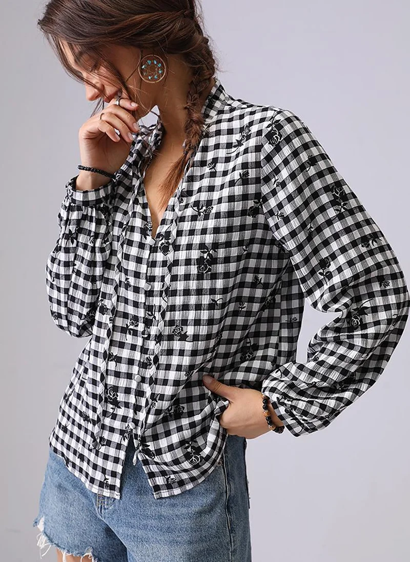 YUNIQEE Black & White Slim Collar Puff Sleeves Relaxed Fit Shirt