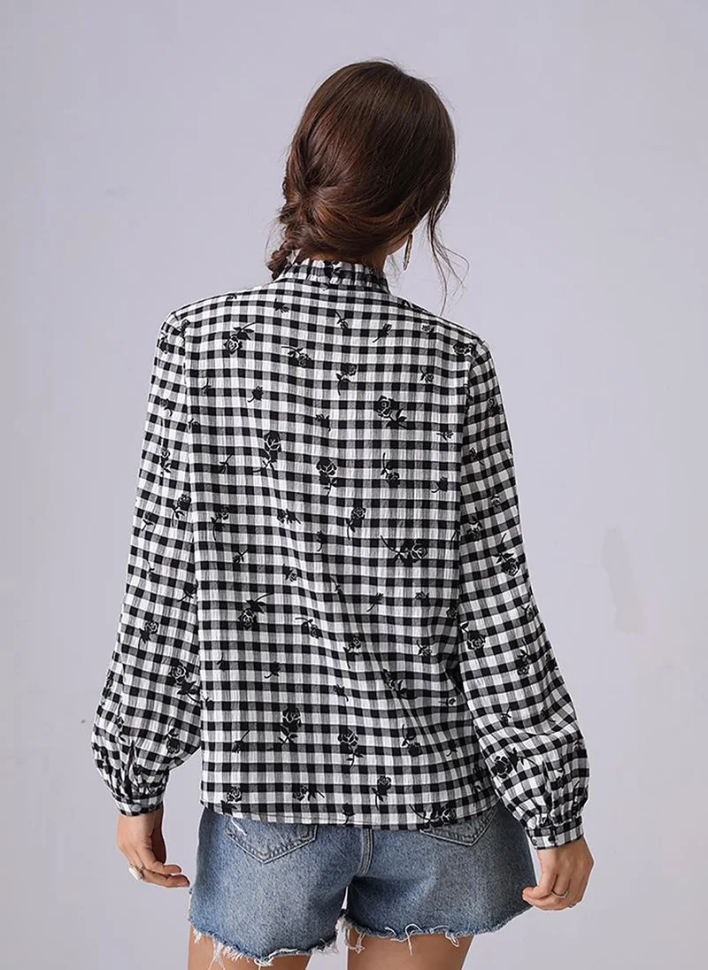 YUNIQEE Black & White Slim Collar Puff Sleeves Relaxed Fit Shirt