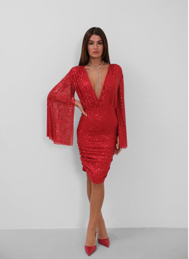 Batwing Sleeve Double Breasted Backless Sequin Dress  - Image 1