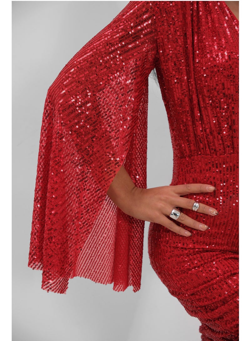 Batwing Sleeve Double Breasted Backless Sequin Dress  - Image 5