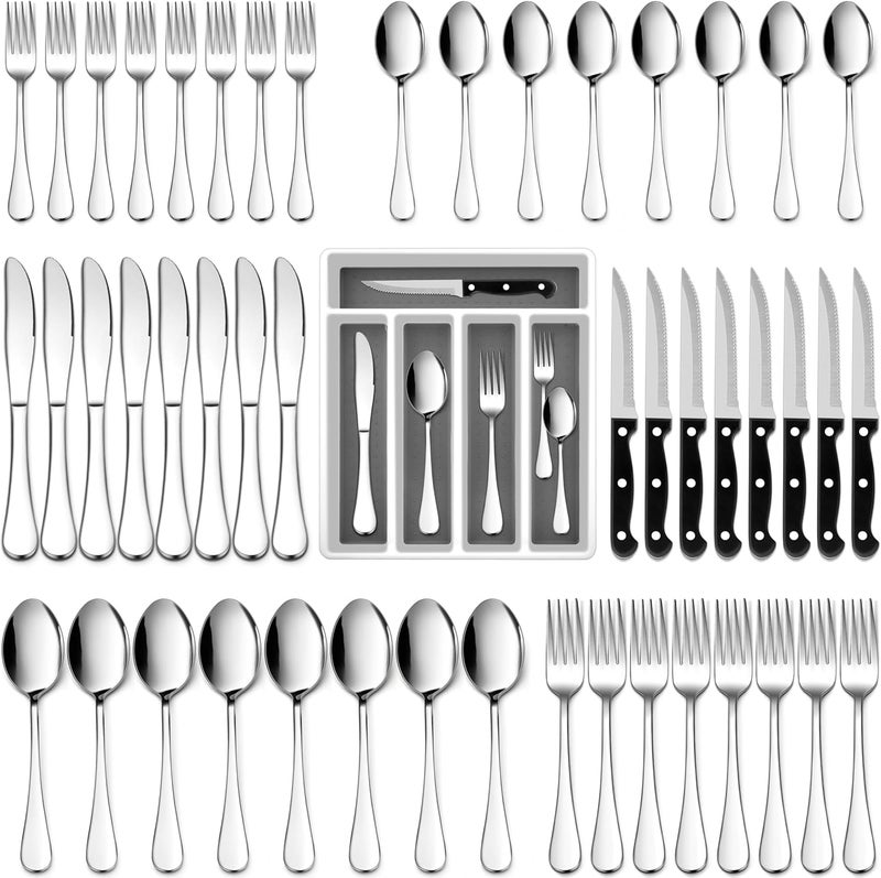 E-far Efar Silverware Set with Organizer 49Piece Stainless Steel Flatware Cutlery Set for 8 with Steak Knives Kitchen Metal Eating Utensils Sets Include Forks Spoons Knife Mirror Polished  Rust Proof - Image 1