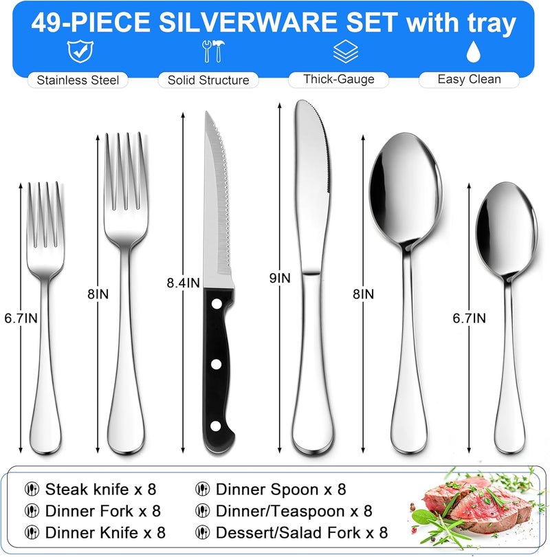 E-far Efar Silverware Set with Organizer 49Piece Stainless Steel Flatware Cutlery Set for 8 with Steak Knives Kitchen Metal Eating Utensils Sets Include Forks Spoons Knife Mirror Polished  Rust Proof - Image 2