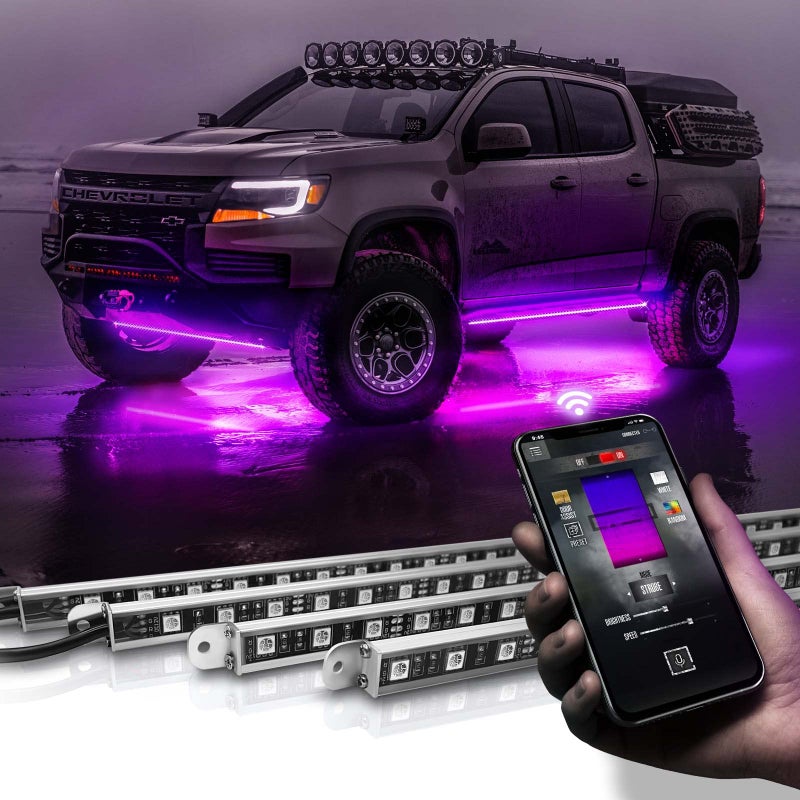 OPT7 Aura Pro Rigid RGB LED Underglow Kit for Trucks Trailers Pickups with App Remote Control Multi Colors Music Modes 4 PCS Waterproof Aluminum Light Bars Exterior Neon Under Car Lights