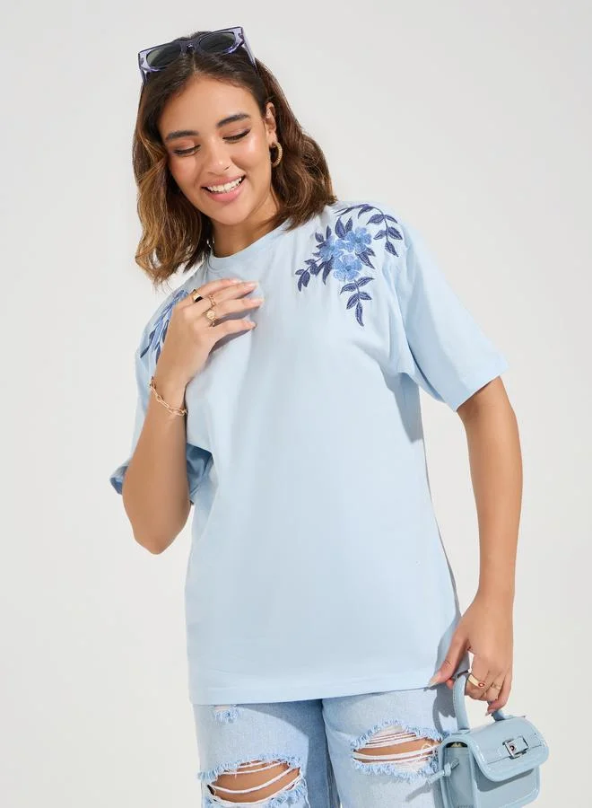 Styli Oversized Placement Embroidery Detail Cotton T-Shirt