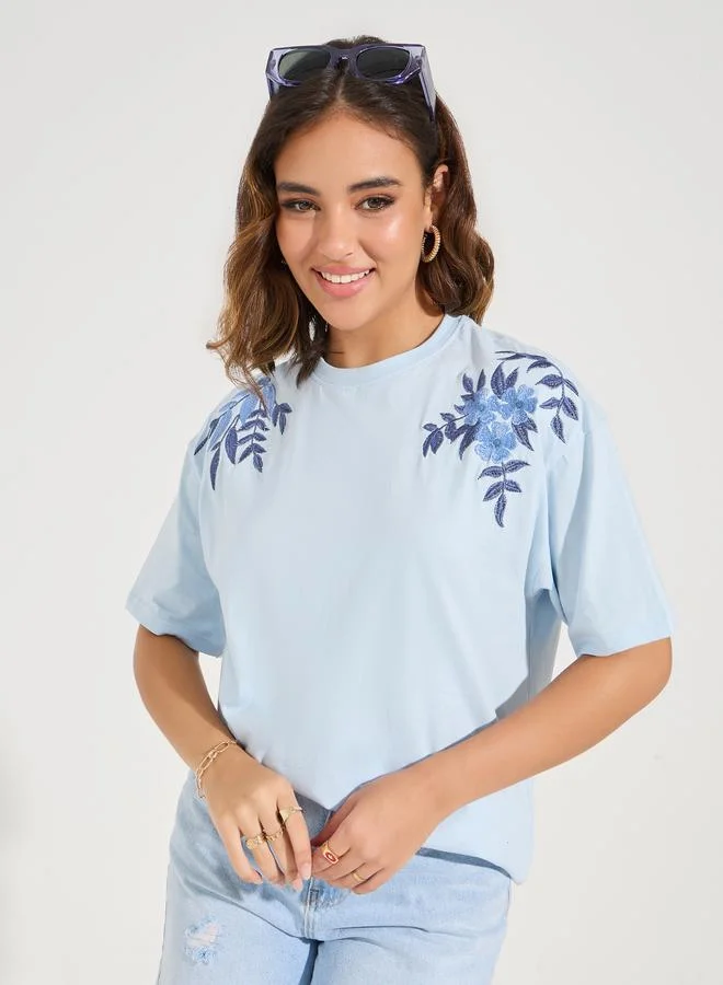 Styli Oversized Placement Embroidery Detail Cotton T-Shirt