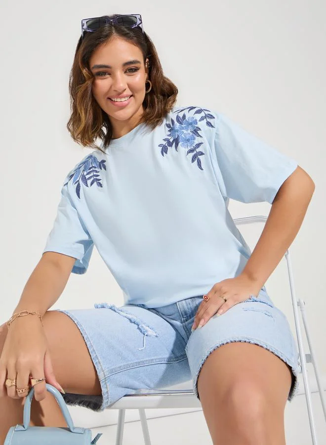 Styli Oversized Placement Embroidery Detail Cotton T-Shirt