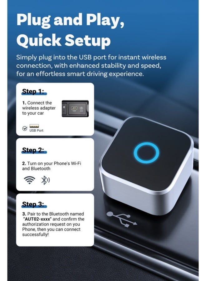 أوتوكاست محول لاسلكي 2 في 1 لـ CarPlay و Android Auto، توصيل وتشغيل، يحول CarPlay السلكي إلى لاسلكي، اتصال تلقائي سريع، بدون تأخير، تصميم صغير الحجم لأجهزة iPhone و Android مع منفذ USB (أسود) - Image 5