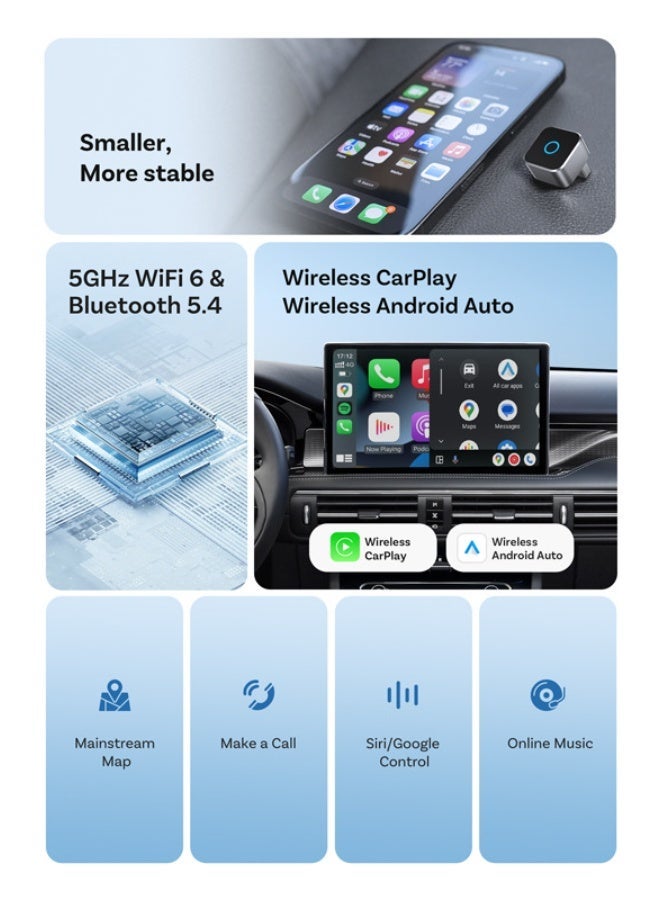أوتوكاست محول لاسلكي 2 في 1 لـ CarPlay و Android Auto، توصيل وتشغيل، يحول CarPlay السلكي إلى لاسلكي، اتصال تلقائي سريع، بدون تأخير، تصميم صغير الحجم لأجهزة iPhone و Android مع منفذ USB (أسود) - Image 3