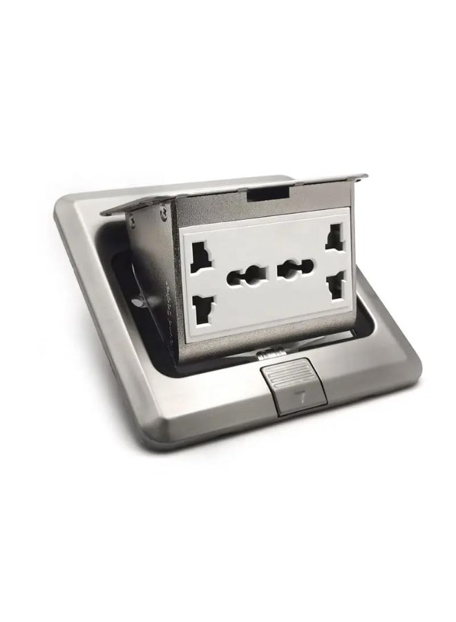 MODI Floor Socket – 2 Way Pop Up Power Outlet, Multi Universal Socket with Data Port, Silver Stainless Steel Panel, Hidden In-Floor/Desk Outlet for Home & Office - Image 1