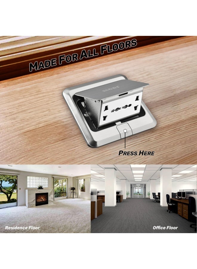 MODI Floor Socket – 2 Way Pop Up Power Outlet, Multi Universal Socket with Data Port, Silver Stainless Steel Panel, Hidden In-Floor/Desk Outlet for Home & Office - Image 4