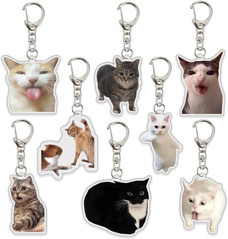 KASTWAVE 8Pcs Cute Cat Keychains, Meme Cat Keychains, Funny Cat Keychains, Keyring with Pendants Key Chains Hanging Pendants for Backpack, Bag, Multiple Kawaii Charm Funny Keychain - Image 1