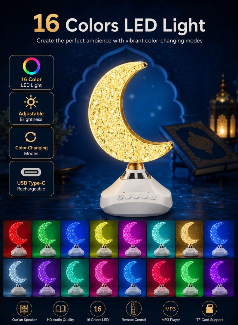 Edots Holy Quran Speaker With Colorful Crescent LED Light & Remote Control, USB Type-C Rechargeable Desk Lamp, SQ-830 | White - Image 2