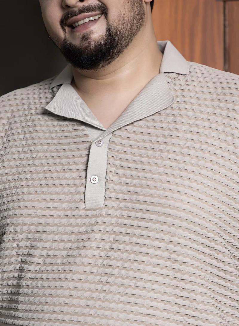 Instafab Plus Instafab Plus Men's Peanut Beige Crease-Tactile Cuban Polo T-Shirt For Casual Wear | Polo Neck | Short Sleeves | Half-Button Closure | Plus Size T-Shirt Crafted With Comfort Fit For Everyday Wear