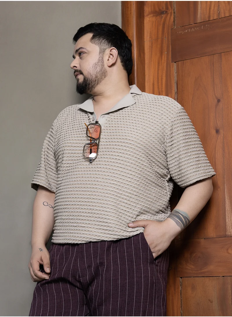 انستافاب بلس Instafab Plus Men's Peanut Beige Crease-Tactile Cuban Polo T-Shirt For Casual Wear | Polo Neck | Short Sleeves | Half-Button Closure | Plus Size T-Shirt Crafted With Comfort Fit For Everyday Wear