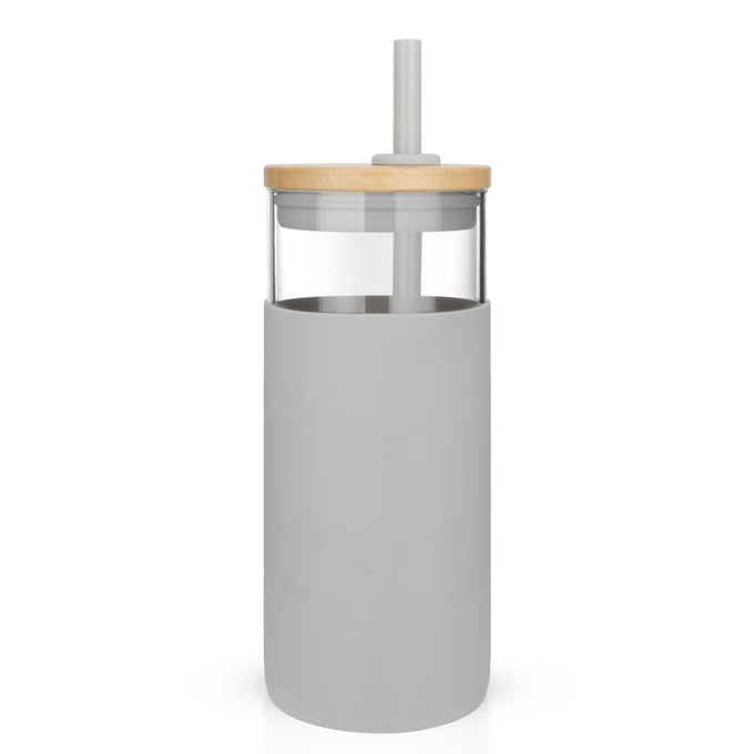 20OZ GLASS TUMBLER GLASS WATER BOTTLE STRAW SILICONE PROTECTIVE SLEEVE BAMBOO LID BPA FREE FRENCH GREY 1 PACK