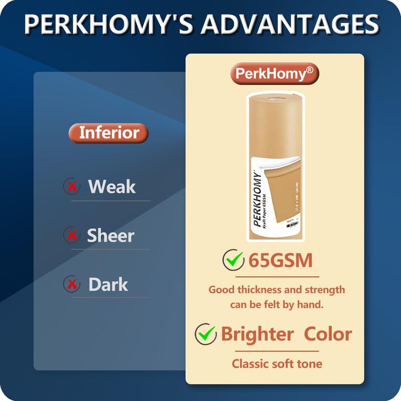 PH PERKHOMY PerkHomy Brown Kraft Paper Roll 17.5" x 1,200" (100') for Gift Wrapping Bulletin Board Craft Art Bouquet Flower Packing Moving Shipping Floor Covering Table 70GSM 50LB (Brown, 17.5" x 100') - Image 2