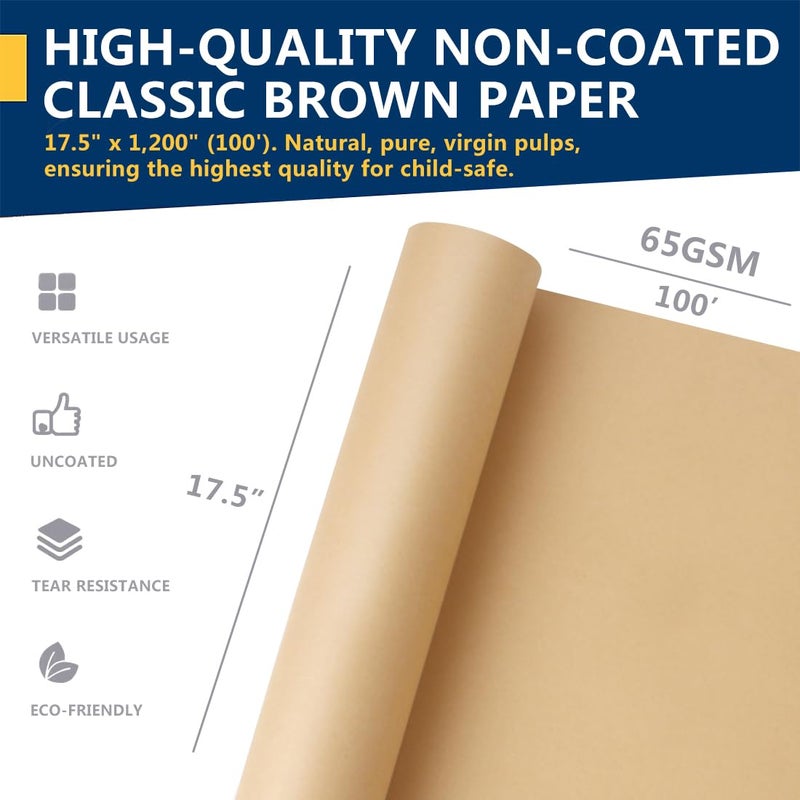 PH PERKHOMY PerkHomy Brown Kraft Paper Roll 17.5" x 1,200" (100') for Gift Wrapping Bulletin Board Craft Art Bouquet Flower Packing Moving Shipping Floor Covering Table 70GSM 50LB (Brown, 17.5" x 100') - Image 4