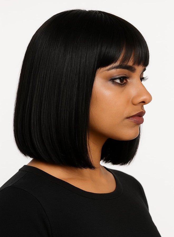 Foreign Holics Short Straight Bob Hair Wig with Bangs for Women Full Head Black Synthetic Hair Wig Extension (Black, Pack of 1) - Image 3