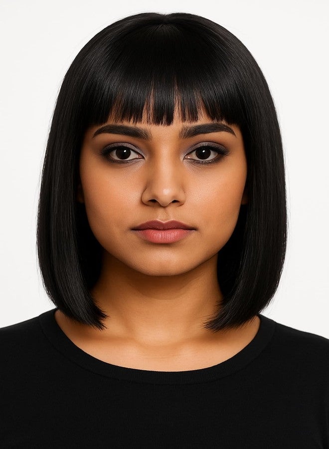 Foreign Holics Short Straight Bob Hair Wig with Bangs for Women Full Head Black Synthetic Hair Wig Extension (Black, Pack of 1) - Image 2