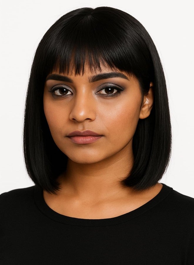 Foreign Holics Short Straight Bob Hair Wig with Bangs for Women Full Head Black Synthetic Hair Wig Extension (Black, Pack of 1) - Image 4