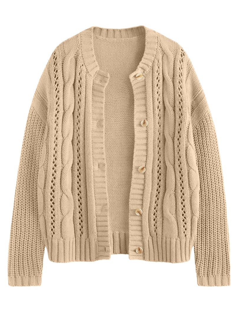 LILLUSORY Women's Cardigan Sweaters Cable Knit Crochet Cotton Fall Jackets Button Up Chunky Trendy Outfits Apricot S - Image 1